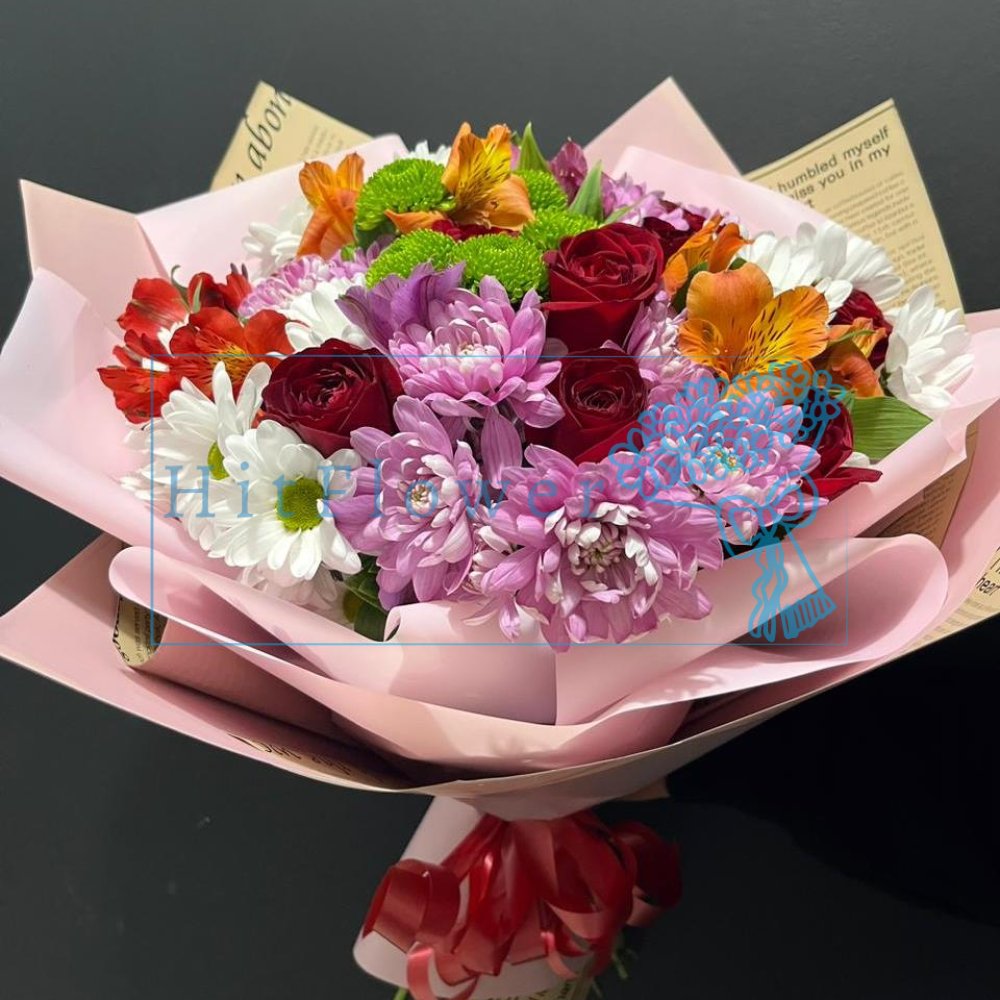 Букет цветов из: Розы, Альстромерии и Хризантемы